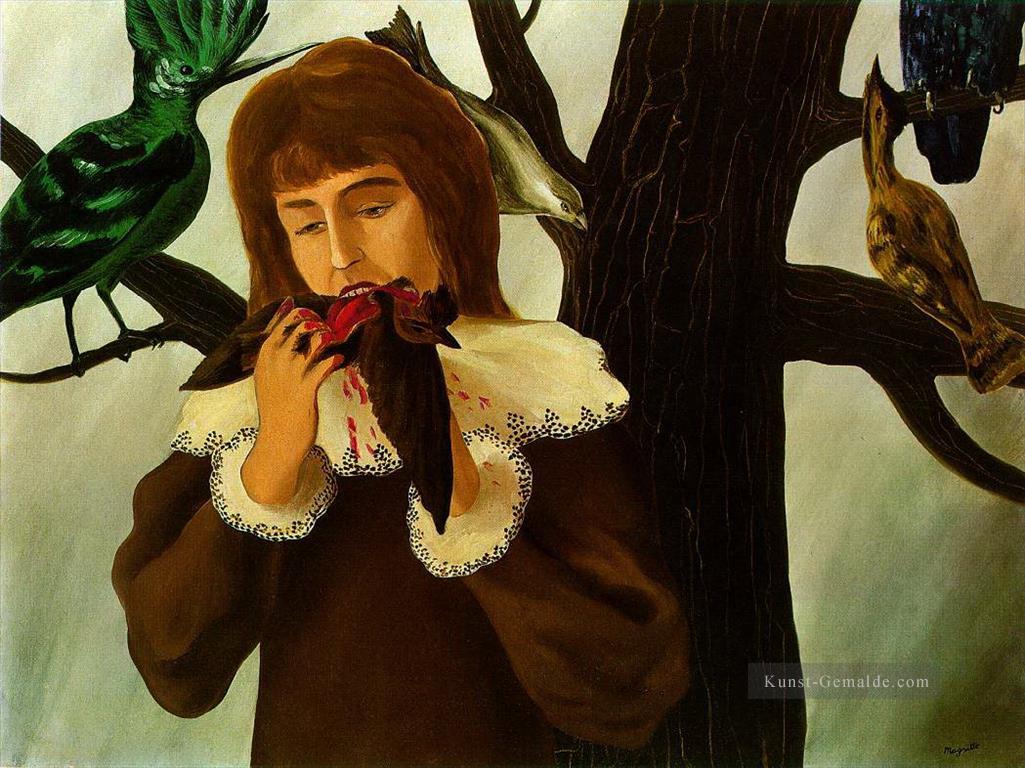 junges Mädchen isst einen Vogel das Vergnügen 1927 René Magritte Ölgemälde